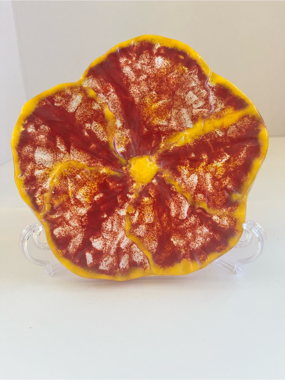 Fused Glass Paper Weight Red and Yellow Floral Plate Handcrafted Pansy